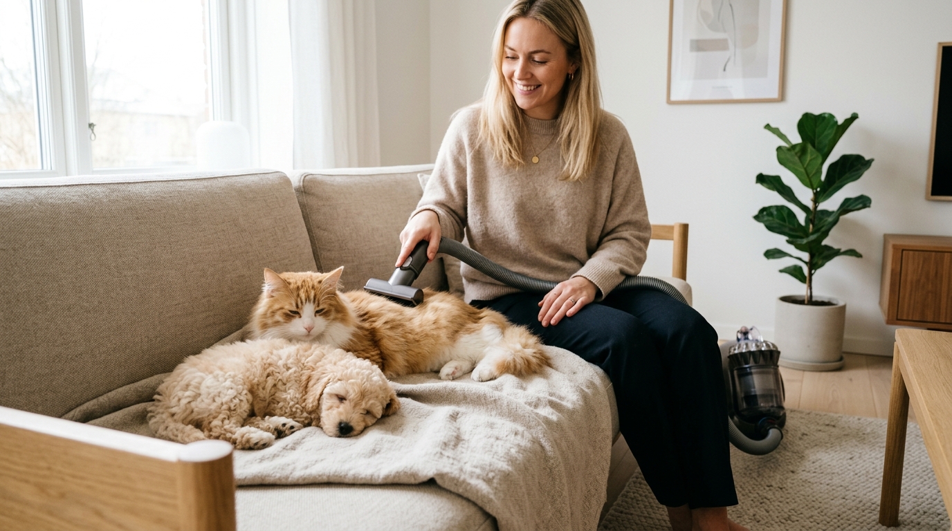 Cat and small puppy relaxing during quiet grooming