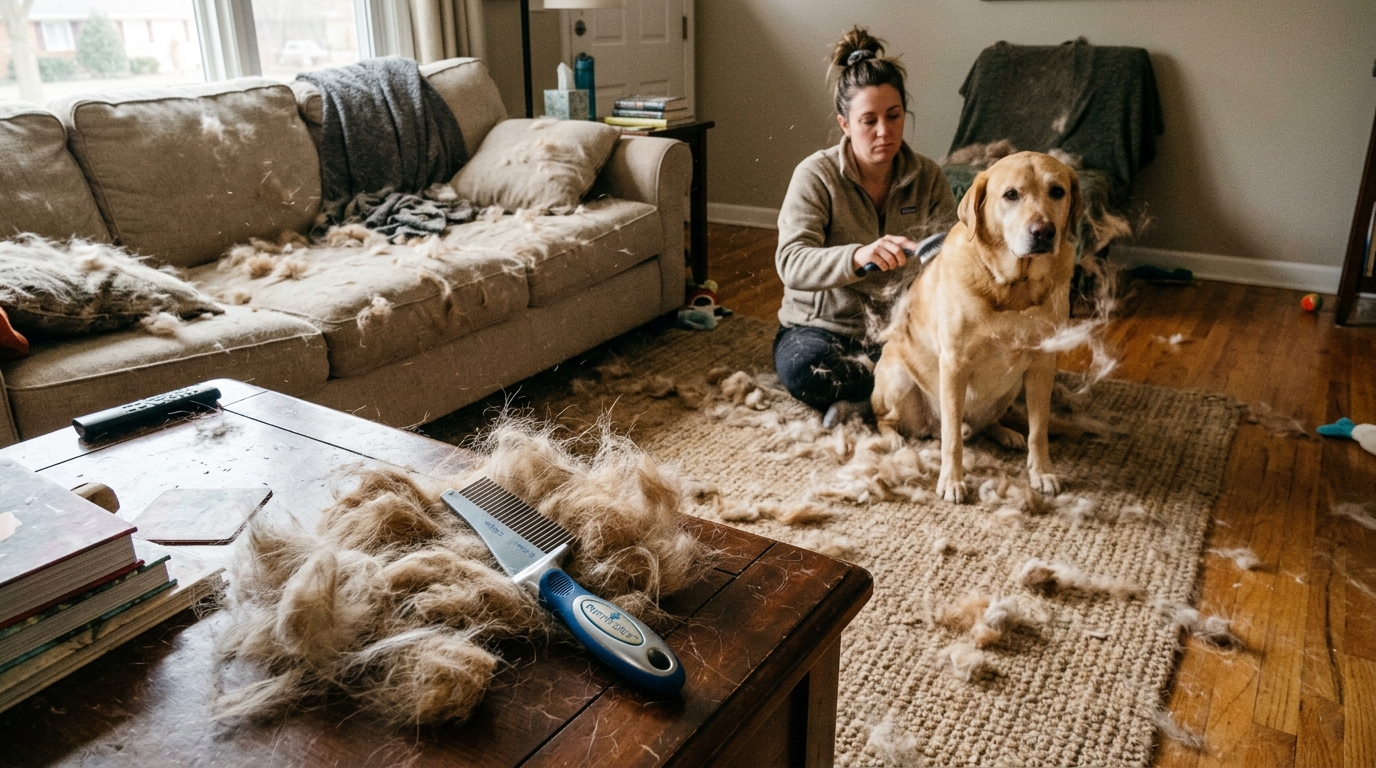 Living room rug covered in pet hair during home brushing