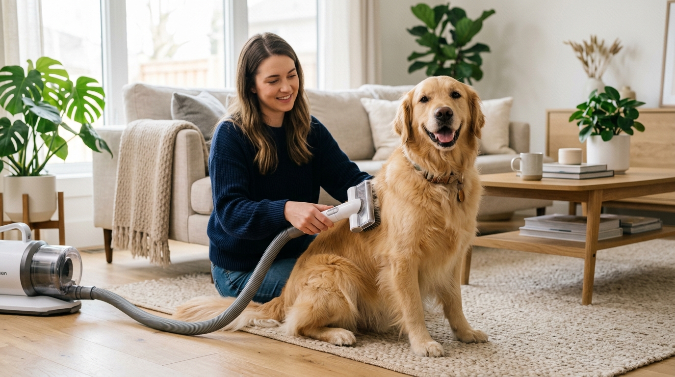 Golden Retriever enjoying grooming session peacefully