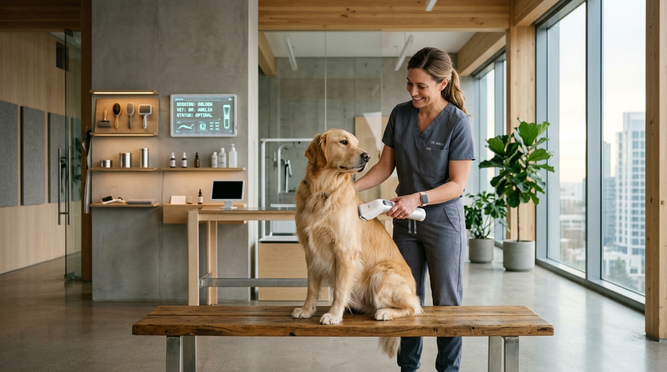Veterinarian testing acoustic noise and grooming vacuum on calm Golden Retriever in modern clean laboratory